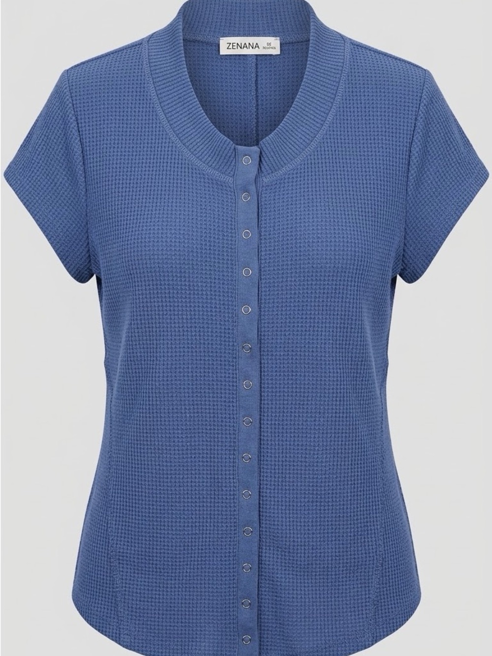 Zenana Outfitters Button-Front Short Sleeve Waffle Top in Blue
